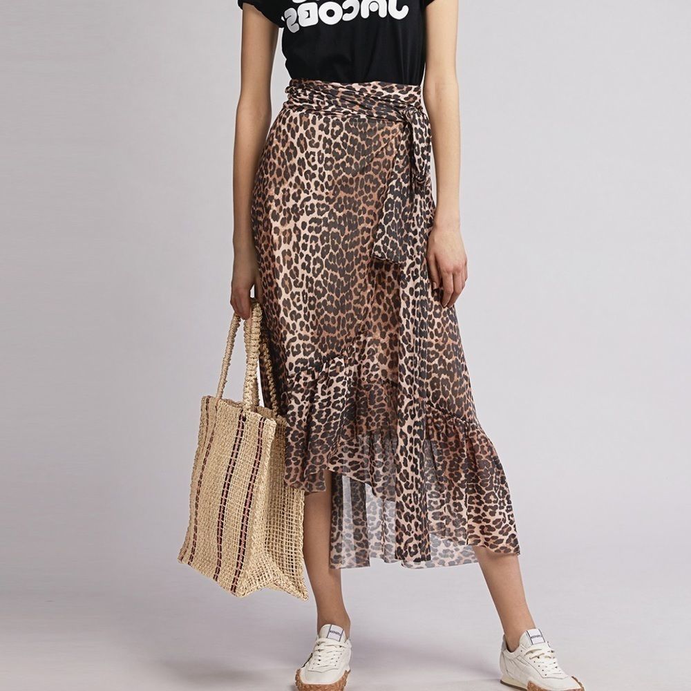 Ganni Brown Leopard Print Midi Skirt
